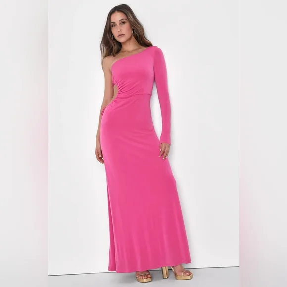 Sweet Flirt Pink Long Sleeve One-Shoulder Cutout Maxi Dress